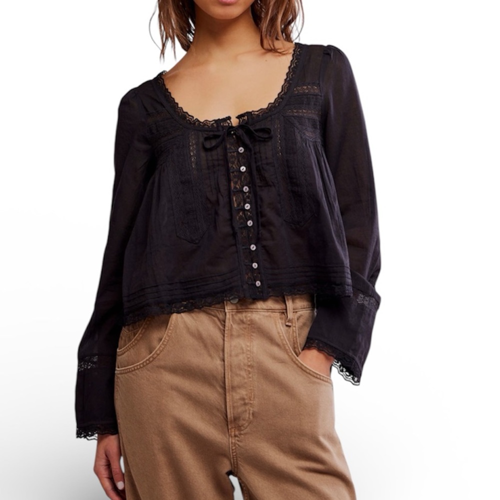 Free‎ People Evermore Lace Inset Semisheer Top, Size SMALL